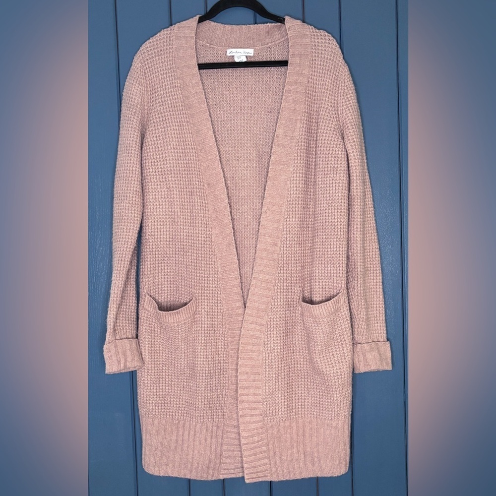 Dusty Pink Long Open Waffle Knit Cardigan Sweater Medium Cottage Core Coquette